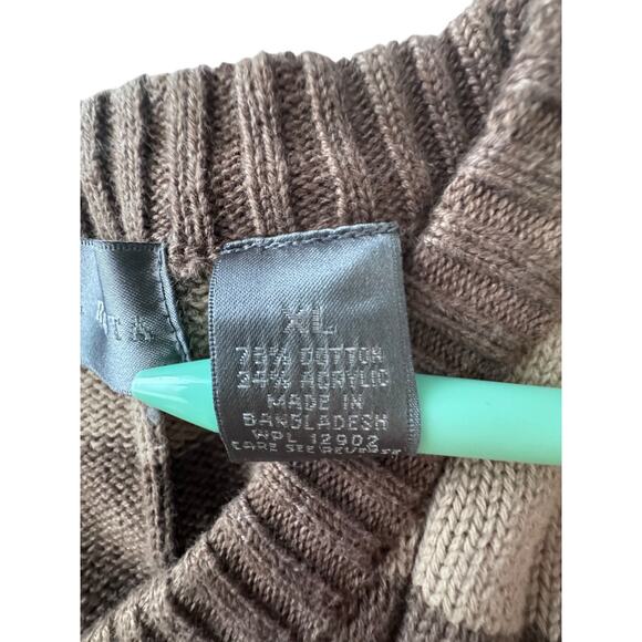 Oscar de la Renta Men's Brown Striped Cable Knit Fisherman V-Neck Sweater - Picture 7 of 8